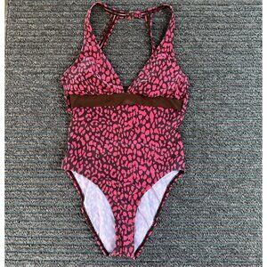 Athena One Piece Swimsuit Animal Leopard Print Size 10 Coral Brown Wrap Detail